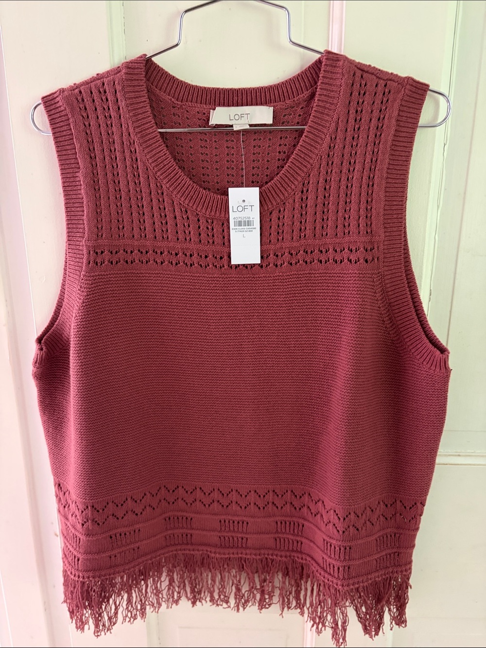 NWT LOFT Sleeveless Crochet Fringe Sweater - Rosewood